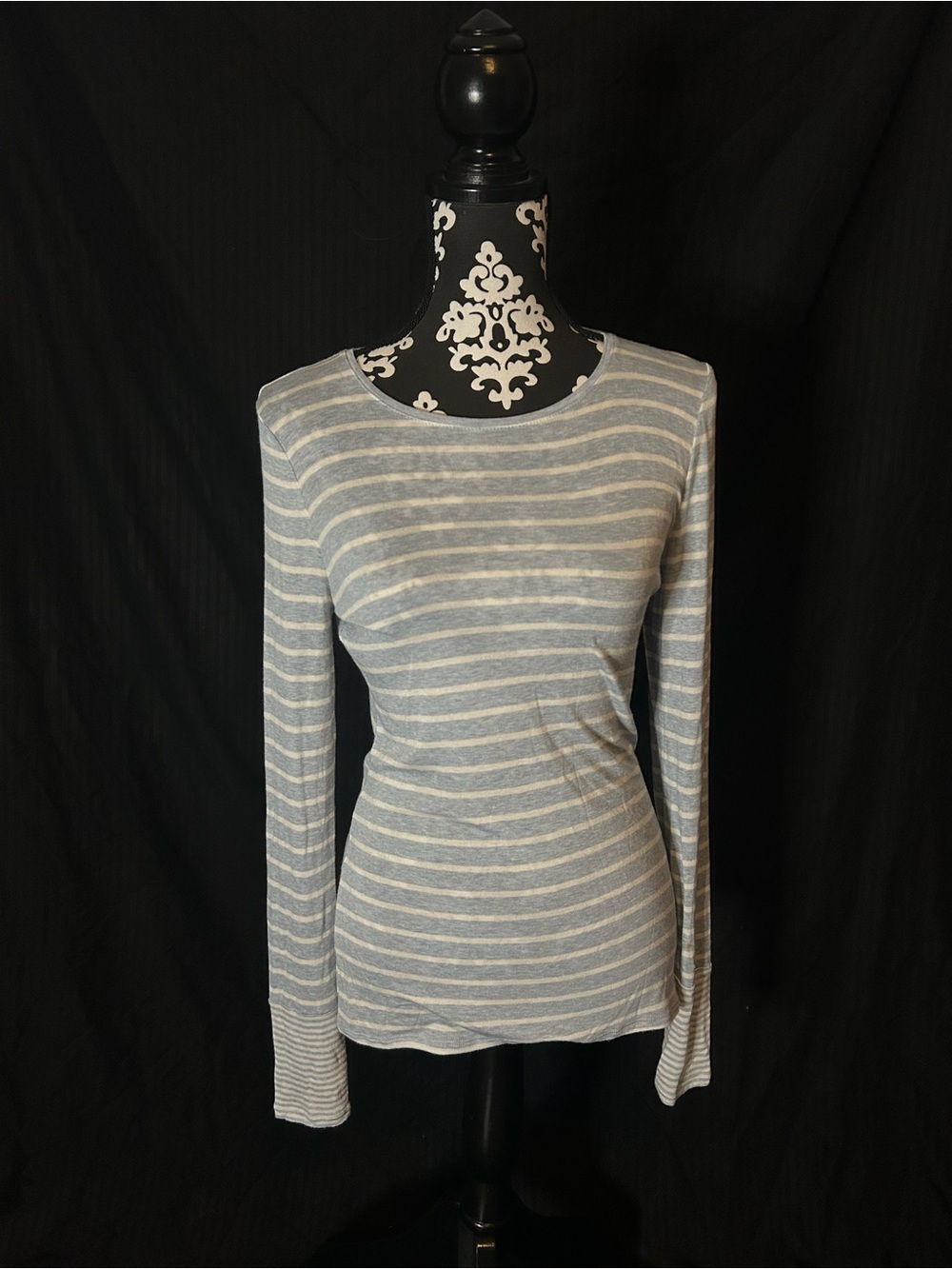 White House Black Market Light Gray and White Striped Long-Sleeve Top